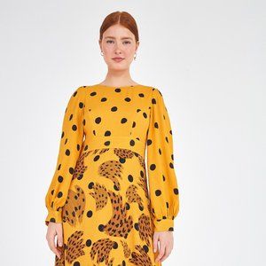 Farm Rio Long Dress Caramel Banana Polka - M